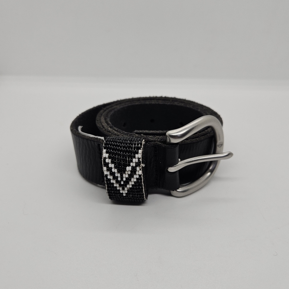 J. Crew black leather belt with silver tone buckle and beaded detail S/M - Picture 1 of 7